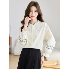 批发实拍法式木耳边<b class='q'>刺绣</b>纯棉<b class='q'>衬衫</b>女2026春装新款气质喇叭袖上衣