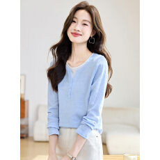 实知性优雅假两件拼接肌理T桖女2026春装新款显瘦减龄上衣