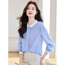 批发实法式气质蓝色条纹立领上衣女2026春装新款小众设计感撞色衬衫女
