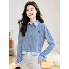 批发韩系穿搭针织衫灰色上衣女2026春装新款条纹拼接假两件上衣