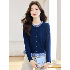 批发实拍学院风针织卫衣女设计感撞色木耳边假两件拼接格子上衣