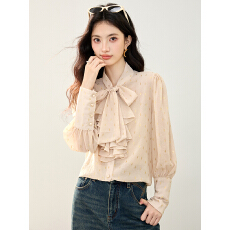 批发8967C法式小香风千金风衬衫女2026春装新款系带荷叶边肌理感上衣
