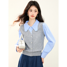 批发实拍假两件针织衫女2026春装新款简约通勤衬衫拼接开衫上衣