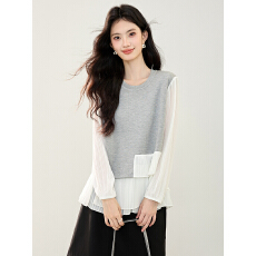 批发实2026春装新款灰色宽松套头圆领假两件褶皱花边拼接卫衣女