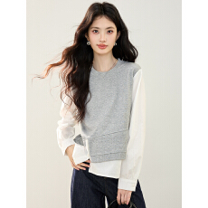 批发实拍假两件不规则卫衣女2026春装新款套头气质针织拼接上衣