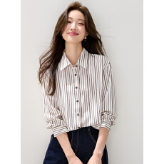 实咖色条纹衬衫女2026春装新款女装可露丽撞色长袖显瘦上衣