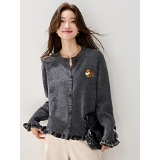 实拍灰色毛衣女款2026春装新款格子荷叶边上衣女春季针织衫