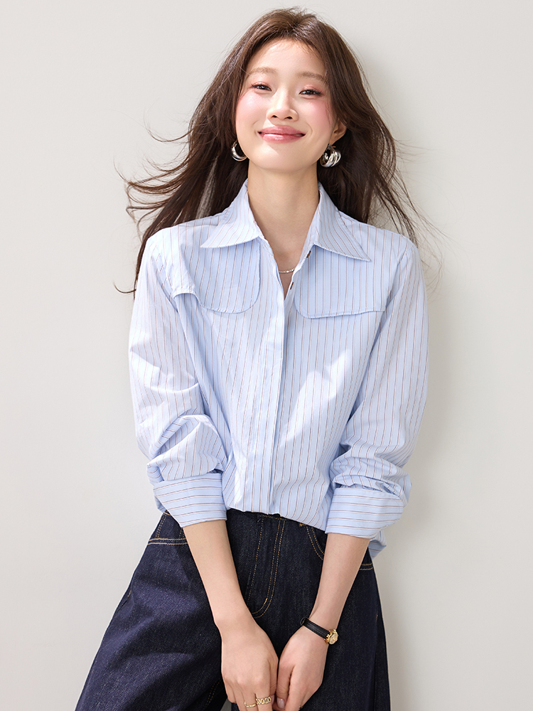 진짜 9046 프랑스식 순면 스트라이프 여성 셔츠 2026 봄 드레스 새로운 디자인 센스 출퇴근 캐주얼 바람 세련된 맨위