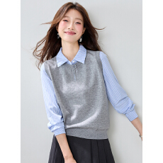 批发实2026春装新款miu系学院风通勤条纹衬衫拼接假两件针织衫女