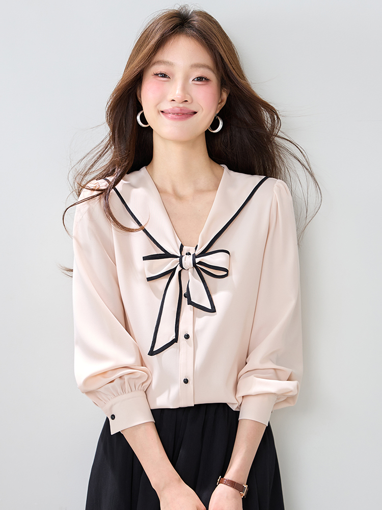 2026 봄 새로운 해군 칼라 쉬폰 셔츠 여성 긴 소매 프랑스식 부드러운 바람 고급 센스 배색 맨위