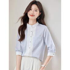 批发实法式立领条纹七分袖<b class='q'>衬衫</b><b class='q'>女</b>2026春装新款<b class='q'>职业</b>通勤气质上衣