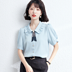 批发实拍2026夏装新款<b class='q'>娃娃领</b>蓝色衬衫女时尚气质系带小香风小衫