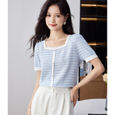 批发实拍小香风上衣女2026新款爆款夏装条纹方领设计感独特上衣