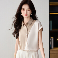 批发实拍时尚拼色短袖衬衫女2026年夏季新款知性通勤百搭衬衣上衣