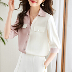 批发实拍2026夏装撞色缎面高级感双口袋衬衫女气质七分袖别致上衣