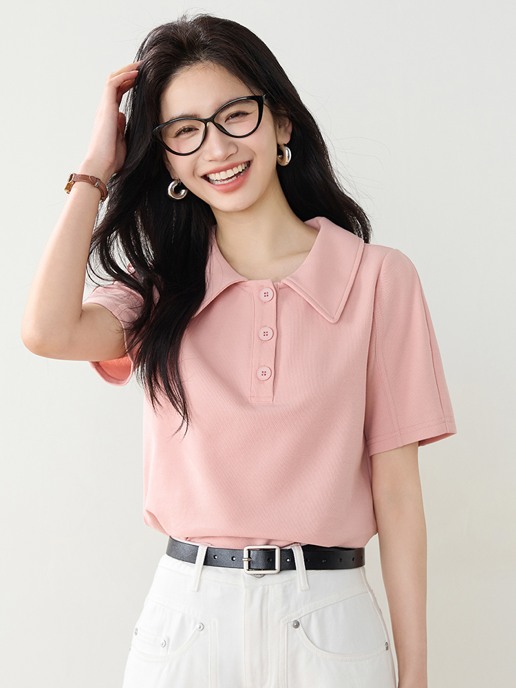 실사 2026 여름 드레스 새로운 POLO 칼라 반팔 T 여성 디자인 센스 핑크색 Chic 다용도 학원 스타일 맨위