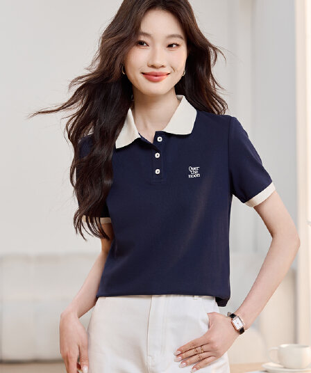 해군 POLO 칼라 긍정적 인 어깨 반팔 T 여성 2026 여름 드레스 새로운 캐주얼 다용도 레트로 맨위