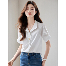 批发实拍<b class='q'>白色</b>设计感短袖衬衫女夏季2026新款法式V领通勤衬衣上衣