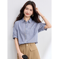 批发实拍2026夏装<b class='q'>韩版</b>新款休闲上衣设计感翻领口袋宽松条纹上衣