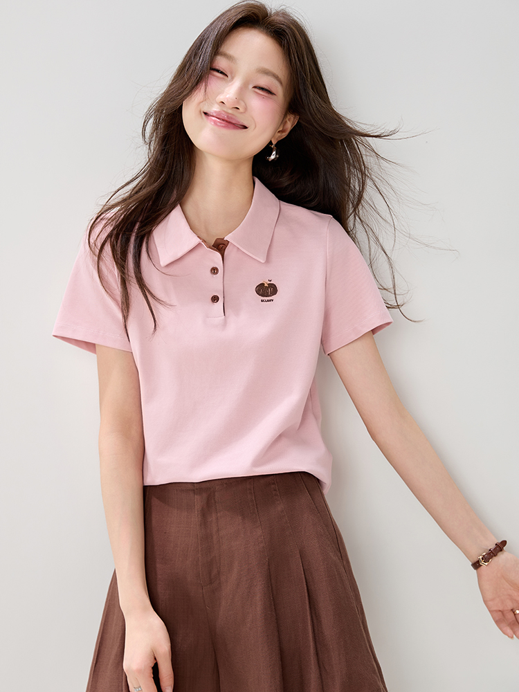 진짜 캐주얼 바람 POLO 칼라 반팔 여성 2026 여름 새로운 다용도 패션 자수 긍정적 인 어깨 T 맨위