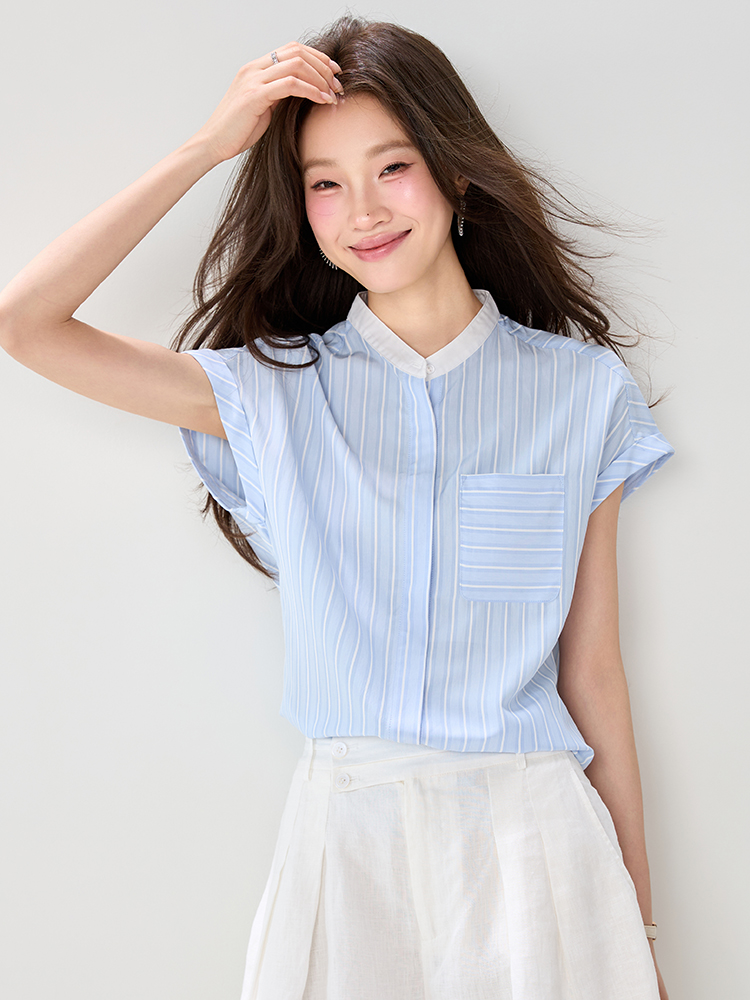 진짜 패션 배색 스트라이프 패치워크 라운드 넥 셔츠 2026 여름 새로운 얇고 가벼운 통기성 캐주얼 맨위