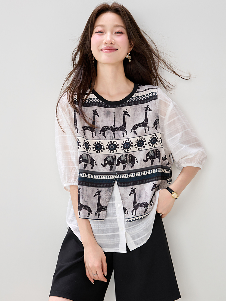 RY4350# 实拍宽松休闲衬衫女2026夏装新款百搭减龄假两件洋气小衫