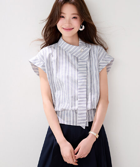 실사 9099 불규칙 심지어 어깨 소매 체크무늬 여성 셔츠 2026 여름 새로운 디자인 센스 리본 품격 맨위