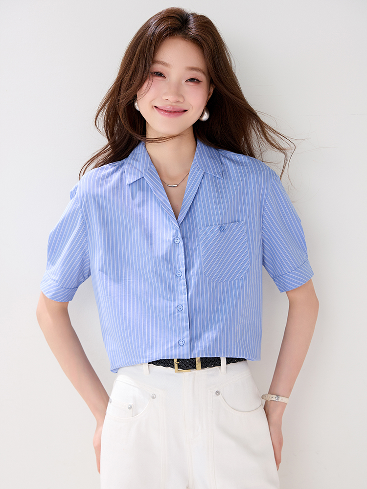 진짜 9103 프랑스식 정장 칼라 반팔 스트라이프 여성 셔츠 2026 여름 새로운 작은 대중 디자인 센스 출퇴근 맨위