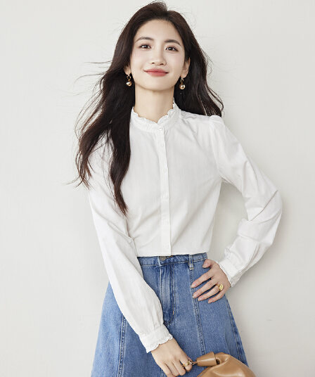 실사 화이트 순면 여성 셔츠 2026 가을 의상 새로운 스탠드 칼라 레이스 긴팔 품격 다용도 작은 셔츠