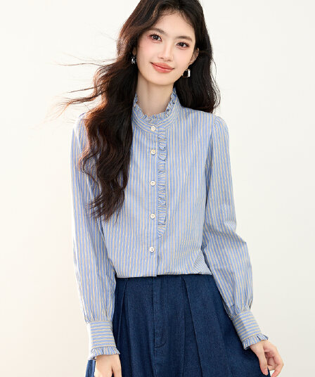 실사 2026 가을 패션 품격 세로 줄무늬 프릴 패치워크 루즈핏 긴팔 셔츠 맨위