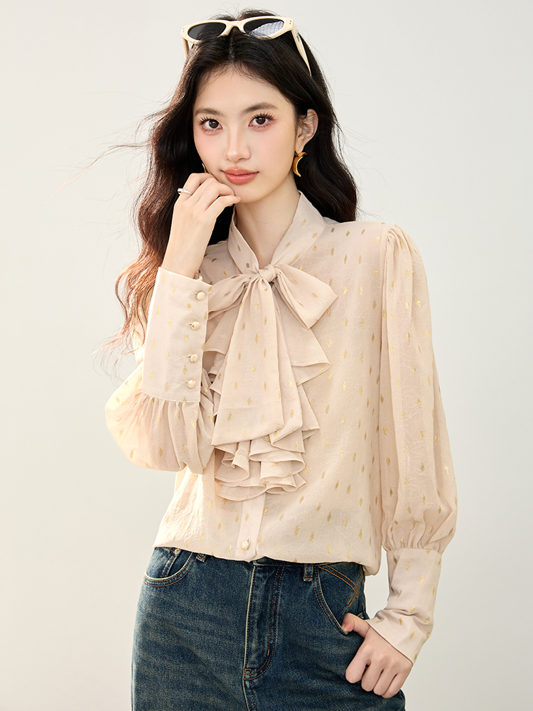 实法式V领衬衫女秋装新款宽松气质衬衣蝴蝶结设计感上衣 服裝批發女裝批發服飾貨源