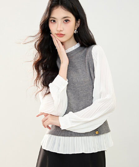실사 2026 가을 의상 한국 스타일 품격 레이스 패치워크 라운드 넥 풀오버 다용도 긴팔 셔츠 맨위