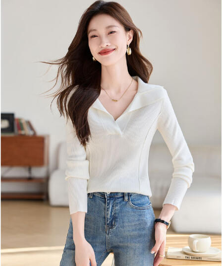 실사 폴로 칼라 몸매 가꾸기 슬림해 보이는 긴팔 맨위 여성 의류 2026 가을 의상 새로운 품격 다용도 맨위