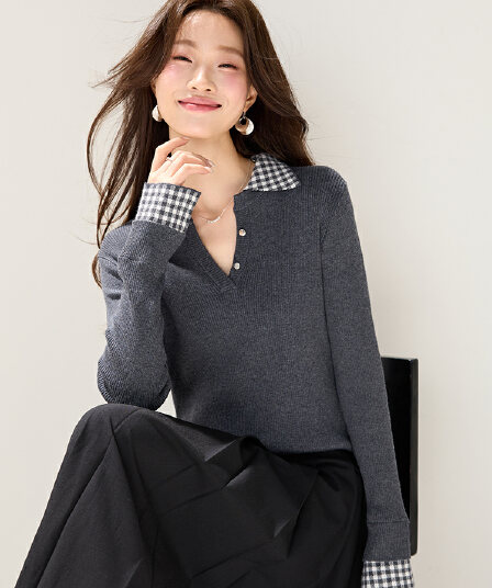 진짜 POLO 칼라 페이크 레이어드 니트 긴 소매 여성 T 2026 새로운 가을 의상 몸매 가꾸기 슬림해 보이는 풀오버 맨위
