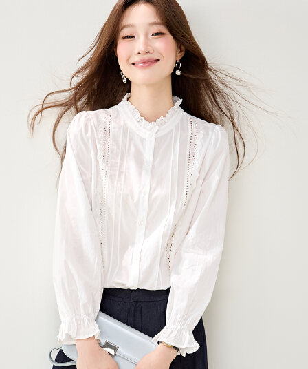 실사 9124 프랑스식 스탠드 칼라 레이스 순면 여성 셔츠 2026 가을 의상 새로운 자이언트 잘 생긴 화이트 출퇴근 셔츠