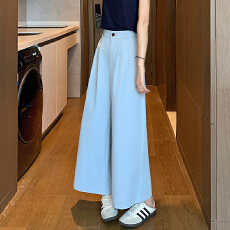 批发实拍九分洗水棉阔腿水蓝色色<b class='q'>牛仔裤</b>女春夏26新款宽松显瘦直筒裤