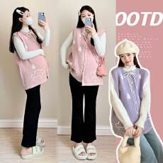 批发实拍 时尚百搭孕妇马甲女 大码宽松秋冬装毛巾绣系带背心套装上衣