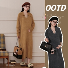 批发孕妇装秋冬新品长袖经典时尚<b class='q'>连衣裙</b> 翻领装饰毛衣