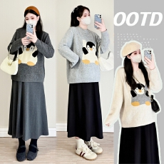 批发实拍 时尚百搭孕妇毛衣女 秋冬新款宽松圆领套头企鹅图案针织衫潮