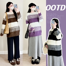 批发实拍 2025新款大码宽松孕妇毛衣女 秋冬<b class='q'>百搭</b>中长款条纹圆领针织衫