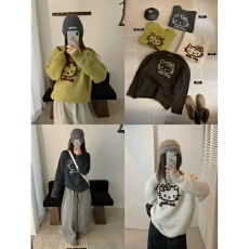 批发韩系植绒绣花圆领彩纱宽松毛衣女2025秋冬季新款提花设计感针织衫