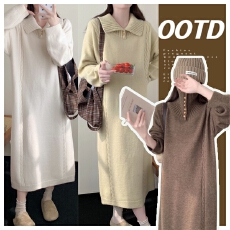 批发实拍时尚翻领<b class='q'>孕妇</b><b class='q'>连衣裙女</b> 秋冬装韩版纯色中长款过膝毛衣针织衫