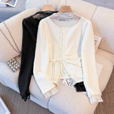 批发实拍秋冬镂空蕾丝拼接毛绒针织衫打底<b class='q'>不规则</b>系带小众长袖上衣