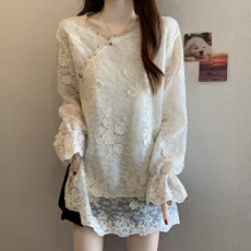 批发实拍 胖MM大码春季新款新中式提花蕾丝衫宽松遮肉小衫上衣