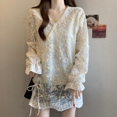 批发实拍大码重工钉珠提花蕾丝衫女新款韩版宽松长袖洋气衬衫
