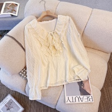 批发实拍早春新款温柔百搭打底上衣气质荷叶边V领系带长袖刺绣衬衫女