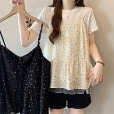 批发实拍大码女装2026夏季新款设计感<b class='q'>印花</b>收腰吊带＋短袖T时尚两件套