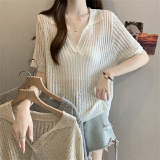 批发实拍大码夏新款设计感麻花百搭polo翻领竹节麻羊毛针织衫上衣女