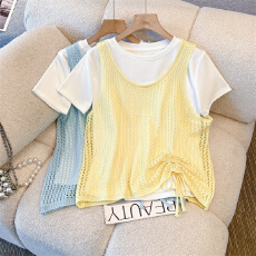 批发实拍大码女装新款韩版两件套抽绳针织上衣胖妹妹收腰遮肚短袖T恤