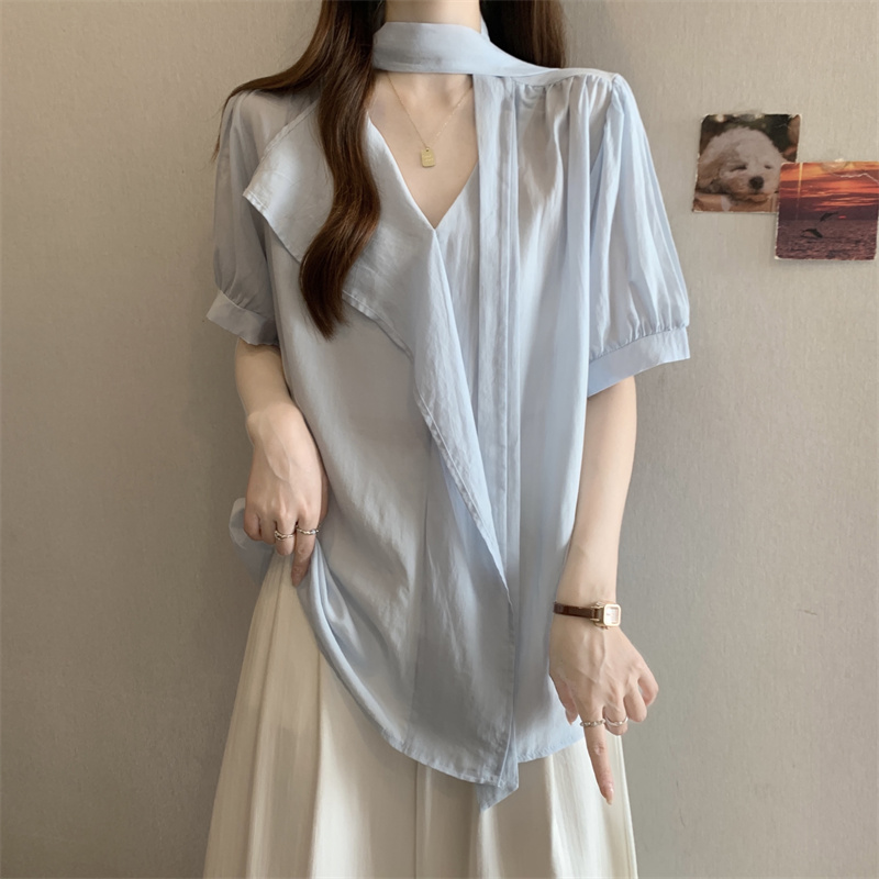 실사 빅 사이즈 여름 디자인 센스 리본 주름 다용도 Chic 셔츠 레트로 작은 대중 루즈핏 반팔 맨위